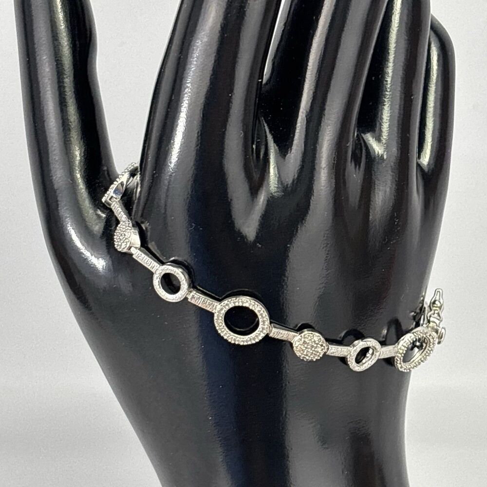 925 Sterling Silver Tennis Bracelet Circles & Dots 7.5” Double Safety Clasp